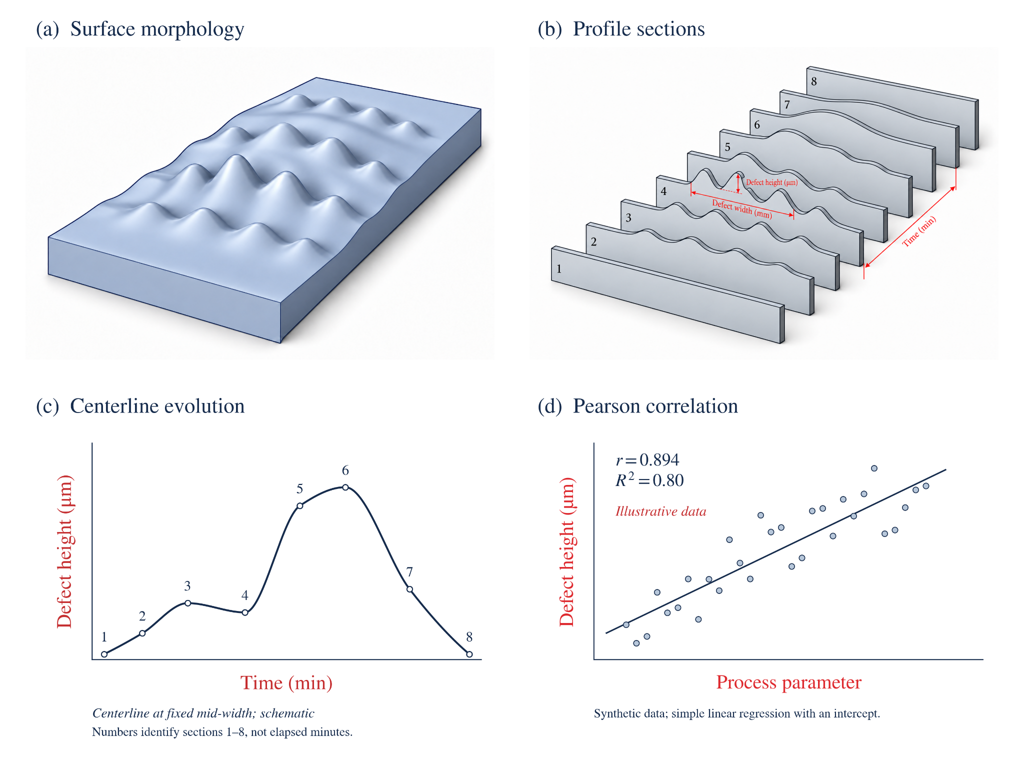 Four conceptual panels show a three-dimensional surface, numbered profile sections, centerline evolution, and an illustrative correlation plot of defect height versus a process parameter for a roughness issue investigation.